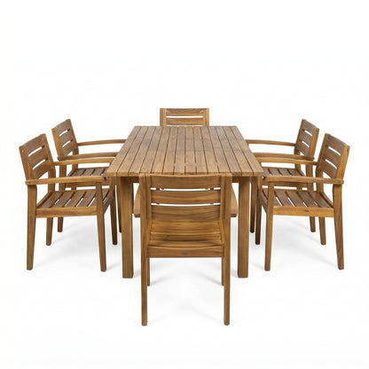 7 Pieces Acacia Wood Outdoor Dining Set s,Modern 6 Chairs 1 Large Table,Dining Furniture Set for Lawn, Backyard, Garden Deck,Poolside,Teak image 4