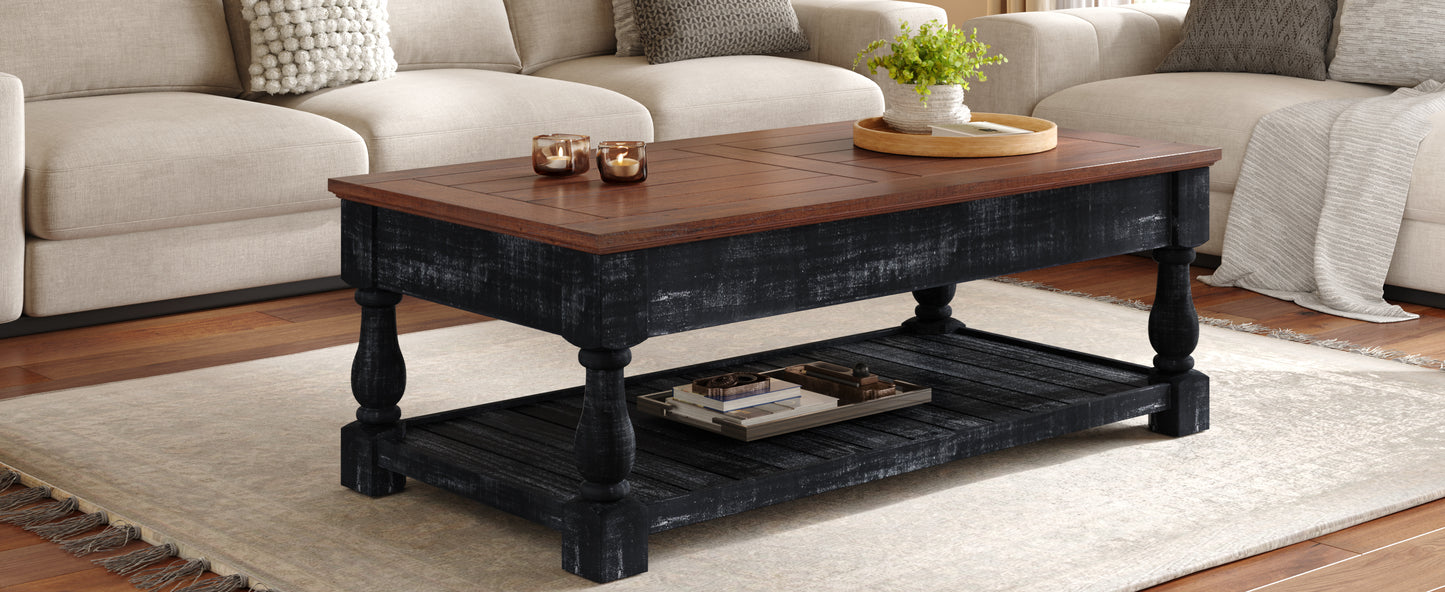 Retro Lift-Top Coffee Table with Storage for Living Room, Hidden Compartment & Lower Shelf, Espresso & Weathered Black Finish image 11