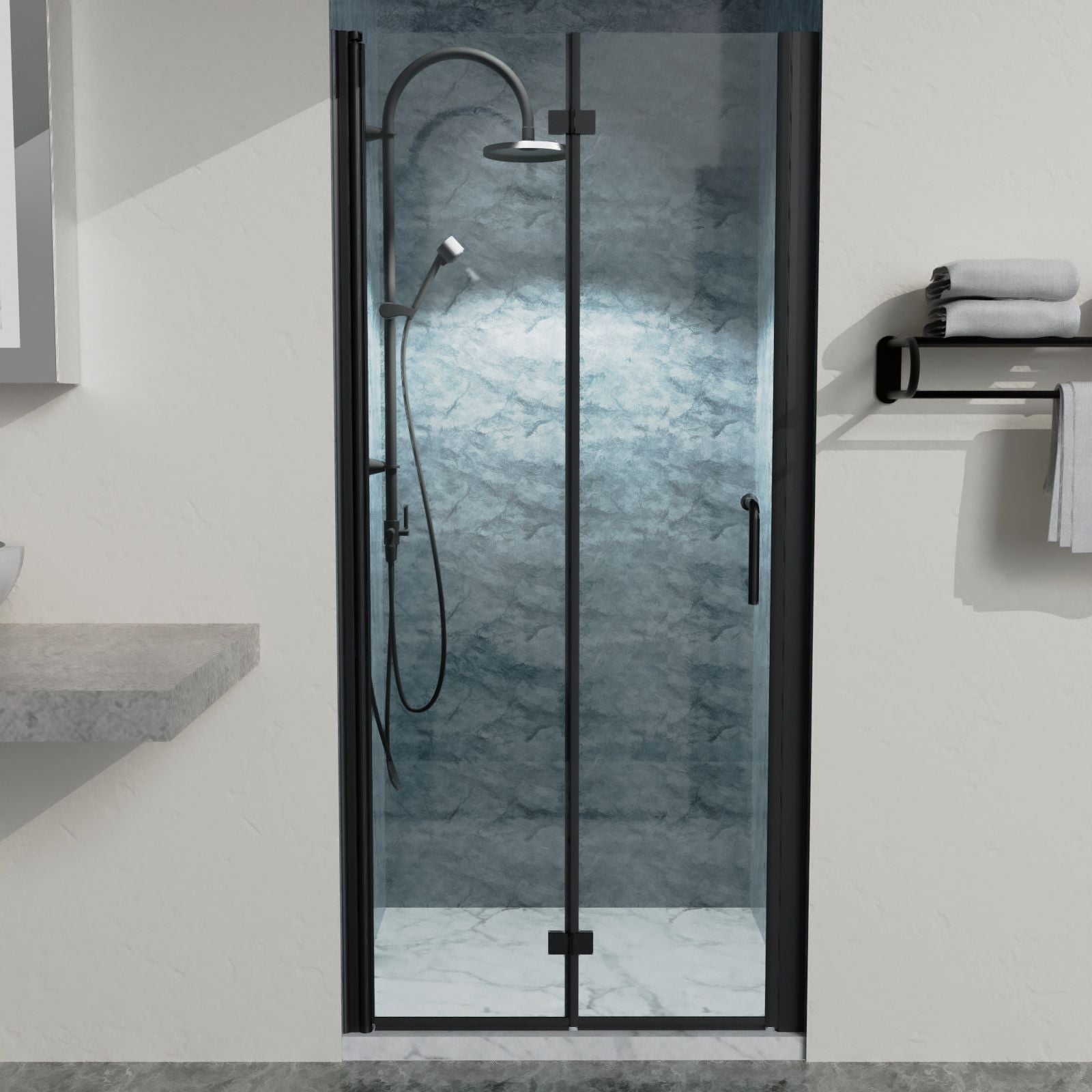 34 to 35-3/8 in. W x 72 in. H Bi-Fold Semi-Frameless Shower Doors in Matte Black with Clear Glass image 1