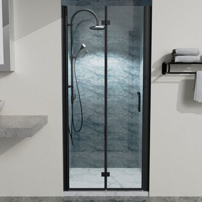 34 to 35-3/8 in. W x 72 in. H Bi-Fold Semi-Frameless Shower Doors in Matte Black with Clear Glass image 1