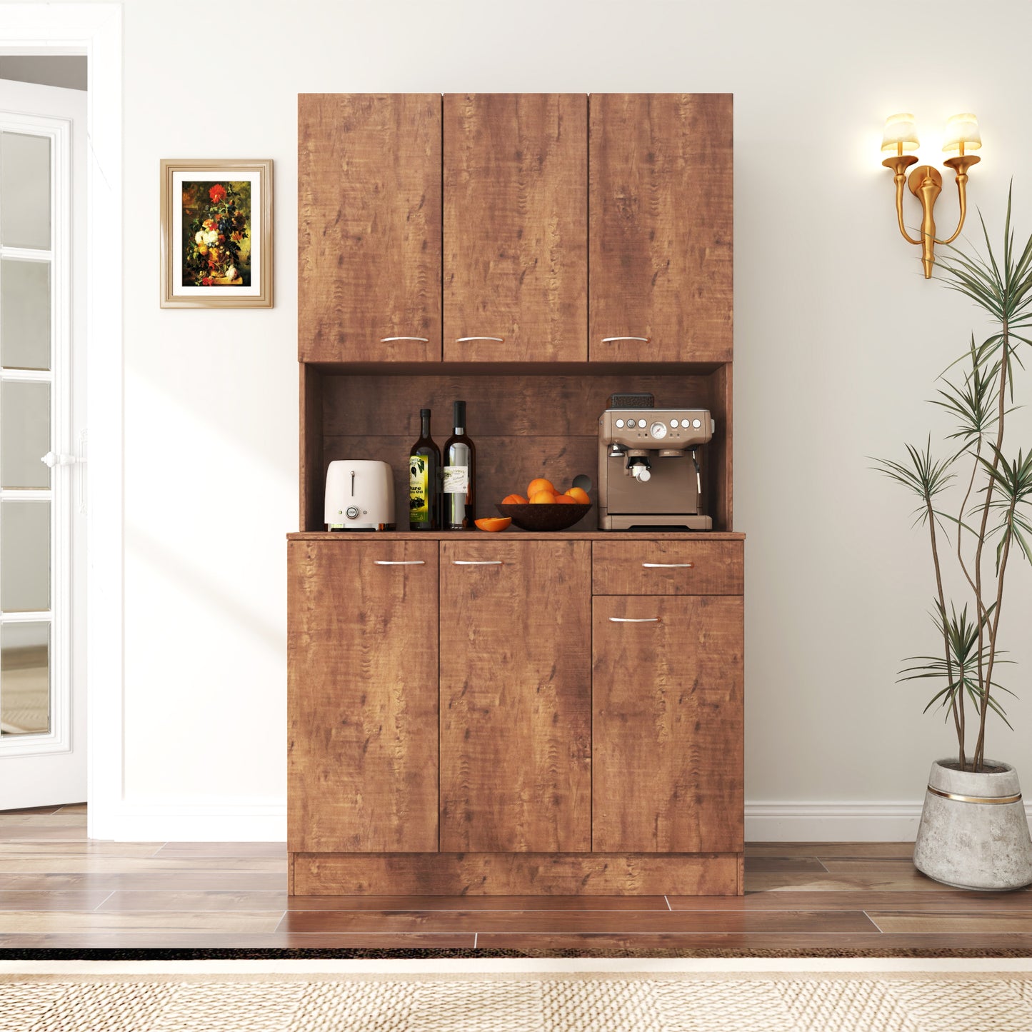 70.87" Tall Wardrobe& Kitchen Cabinet, with 6-Doors, 1-Open Shelves and 1-Drawer for bedroom,Walnut image 2