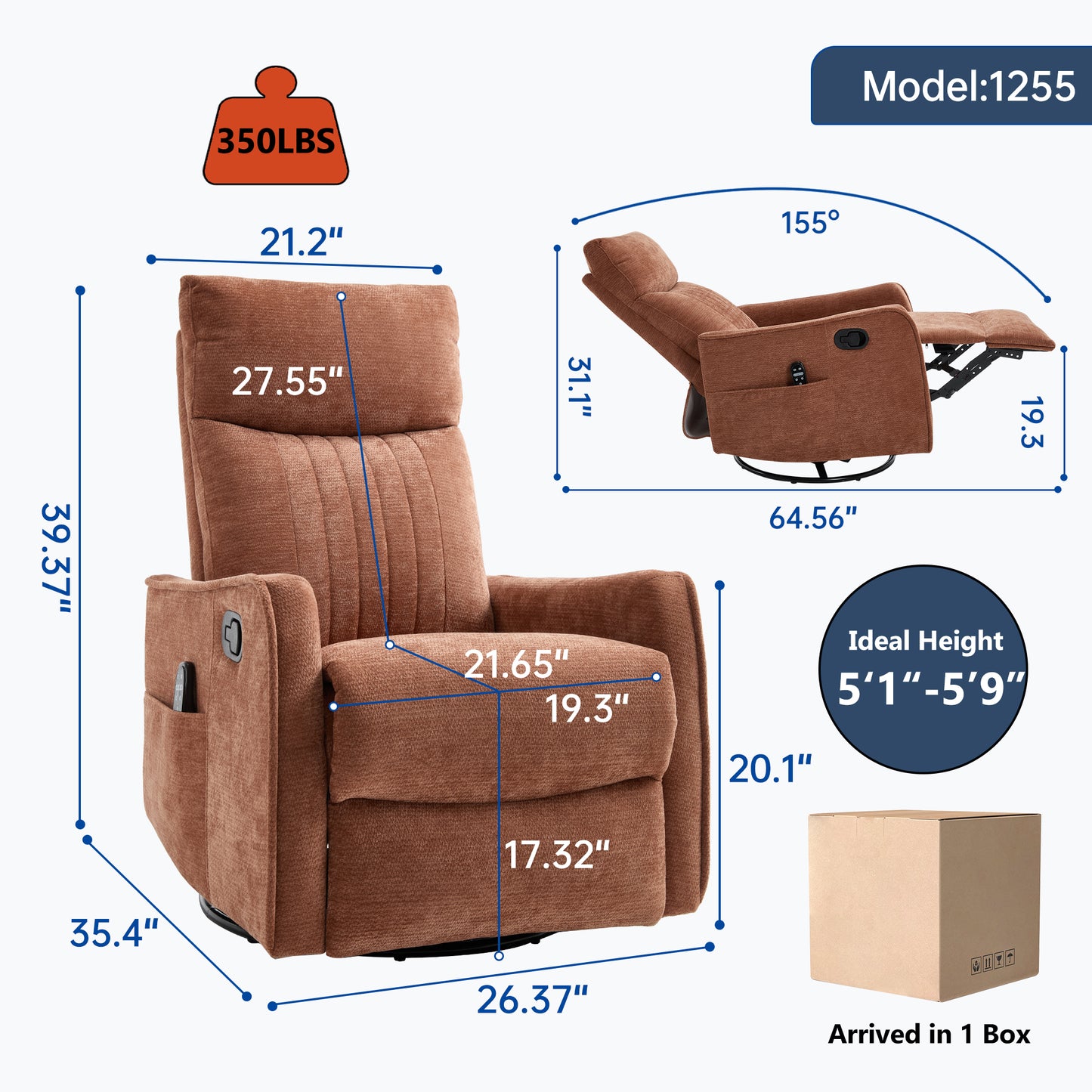 Orange Heat Massage Manual Recliner Chair with Rocker and Swivel in Fabric for Living Room image 2