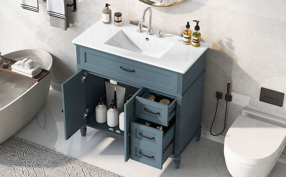 [Video] 36" Bathroom Vanity with Sink, Bathroom Cabinet with Drawers, Solid Frame and MDF Board, Two Packages, Gray Blue (Same SKU: N725P195410C/N759P340019C) image 3