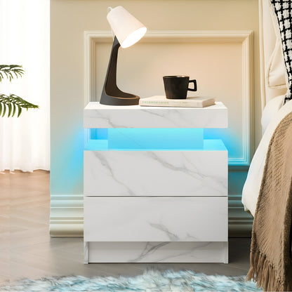 Nightstand LED Bedside Table Cabinet Lights Modern End Side with 2 Drawers for Bedroom (White Stone) image 1