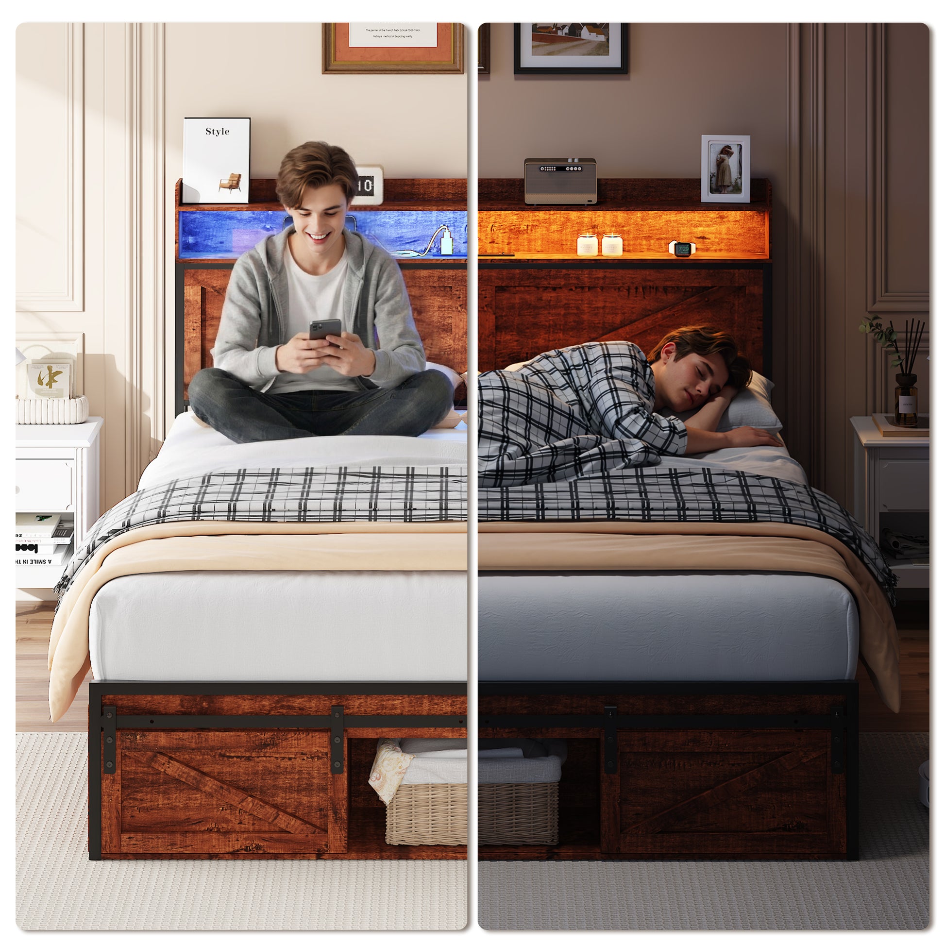 Full Size Bed Frame with Storage Headboard and LED Lights, Upholstered Platform Bed with Footboard Drawers, Sturdy Metal Slats, Noise-Free Mattress Support, No Box Spring Needed, Brown image 3