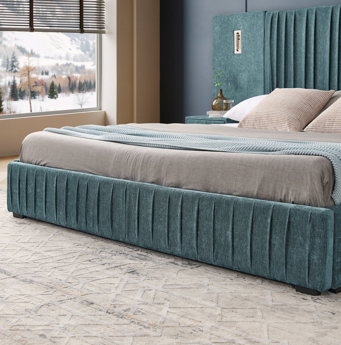King Size Upholstered Bed Frame with Chenille fabric with pleated design,Grounded King Size Platform Bed with Headboard and Solid Frame and the bedside table.No Box Spring Needed-Blue-Green image 9