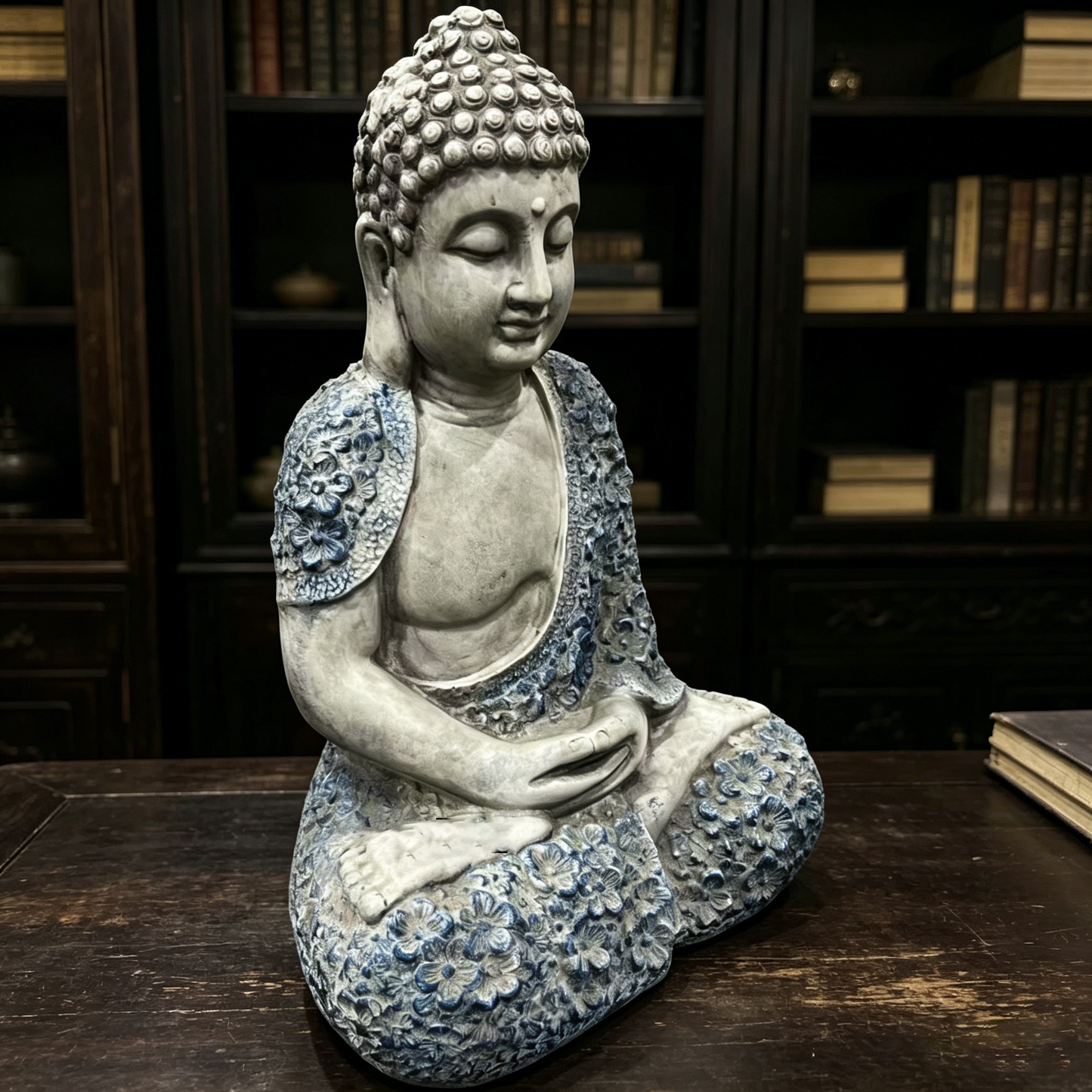 16'' Weatherproof Resin Buddha Garden Statue, Blue Floral Accent Meditating Buddha Figurine, Outdoor Zen Decor for Patio, Yard, Lawn & Landscape image 10