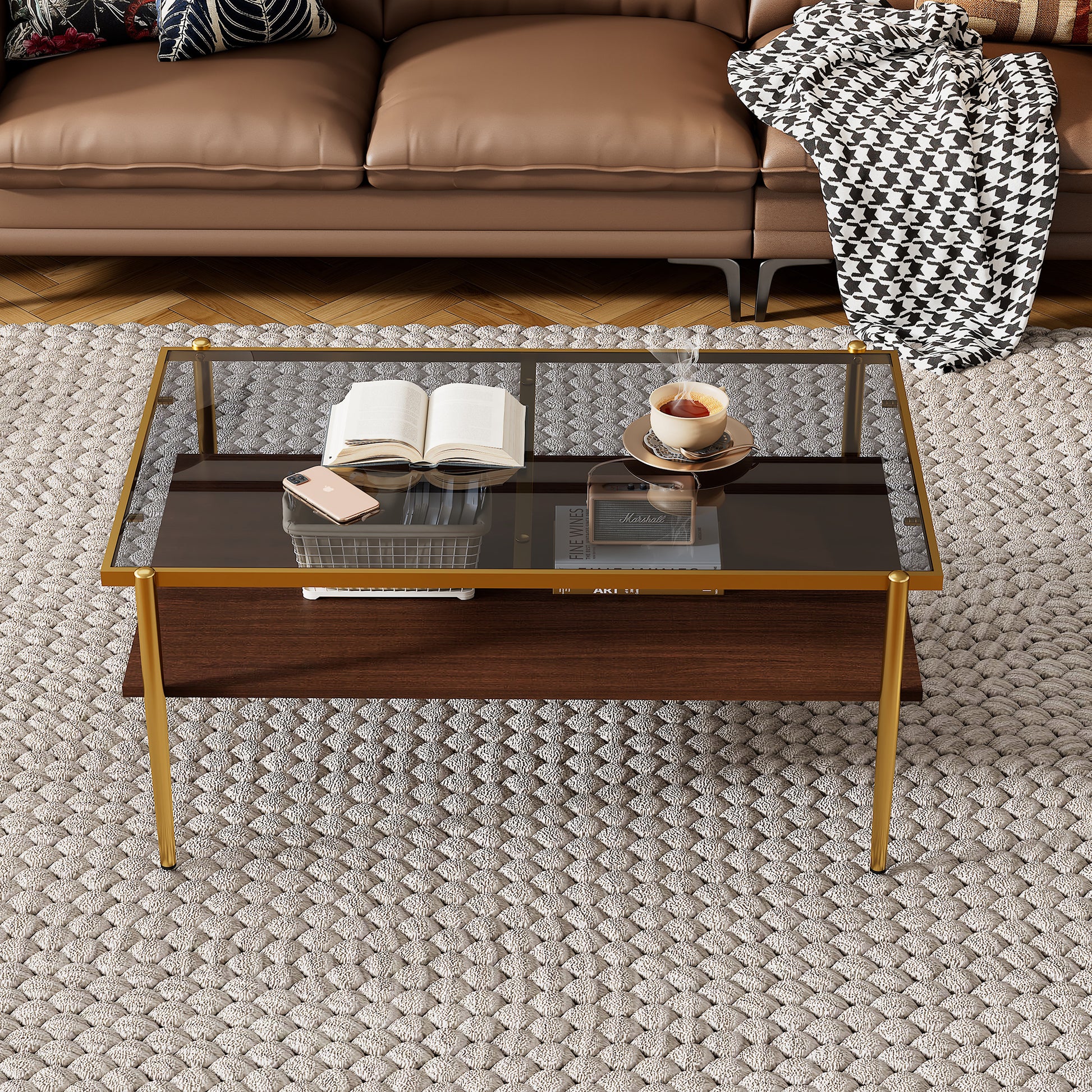 Rectangle Coffee Table with Gray Tempered Glass top and Golden Legs, Modern Table for Living Room image 3