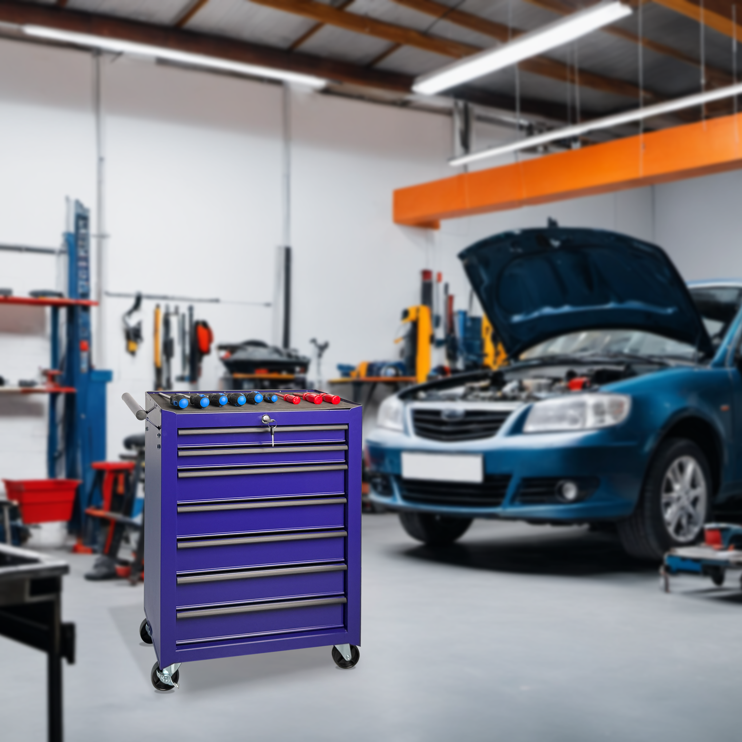 Rolling Metal Tool Chest with 7 Drawers, 20" 7-Drawer Tool Chest Cabinet with Ball Bearing Drawer Slides, Steel Tool Storage Box Organizer -PURPLE image 12
