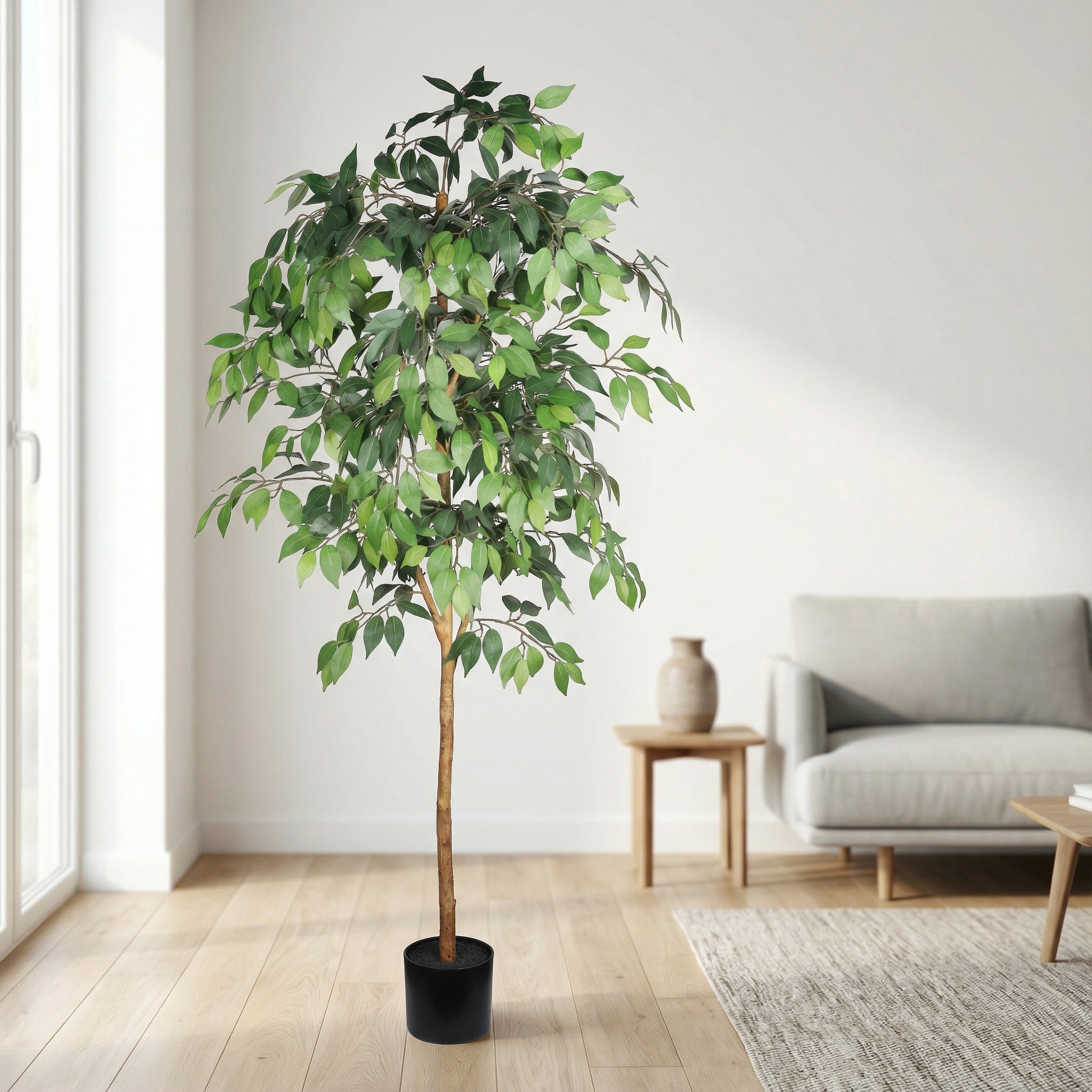 6FT Artificial Ficus Tree with Natural Trunk in Black Plastic Pot for Indoor Home Office Decor, 1pc/set image 1