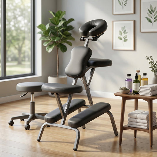 Portable massage chair for tattoo and spa - black, front view with carrying bag