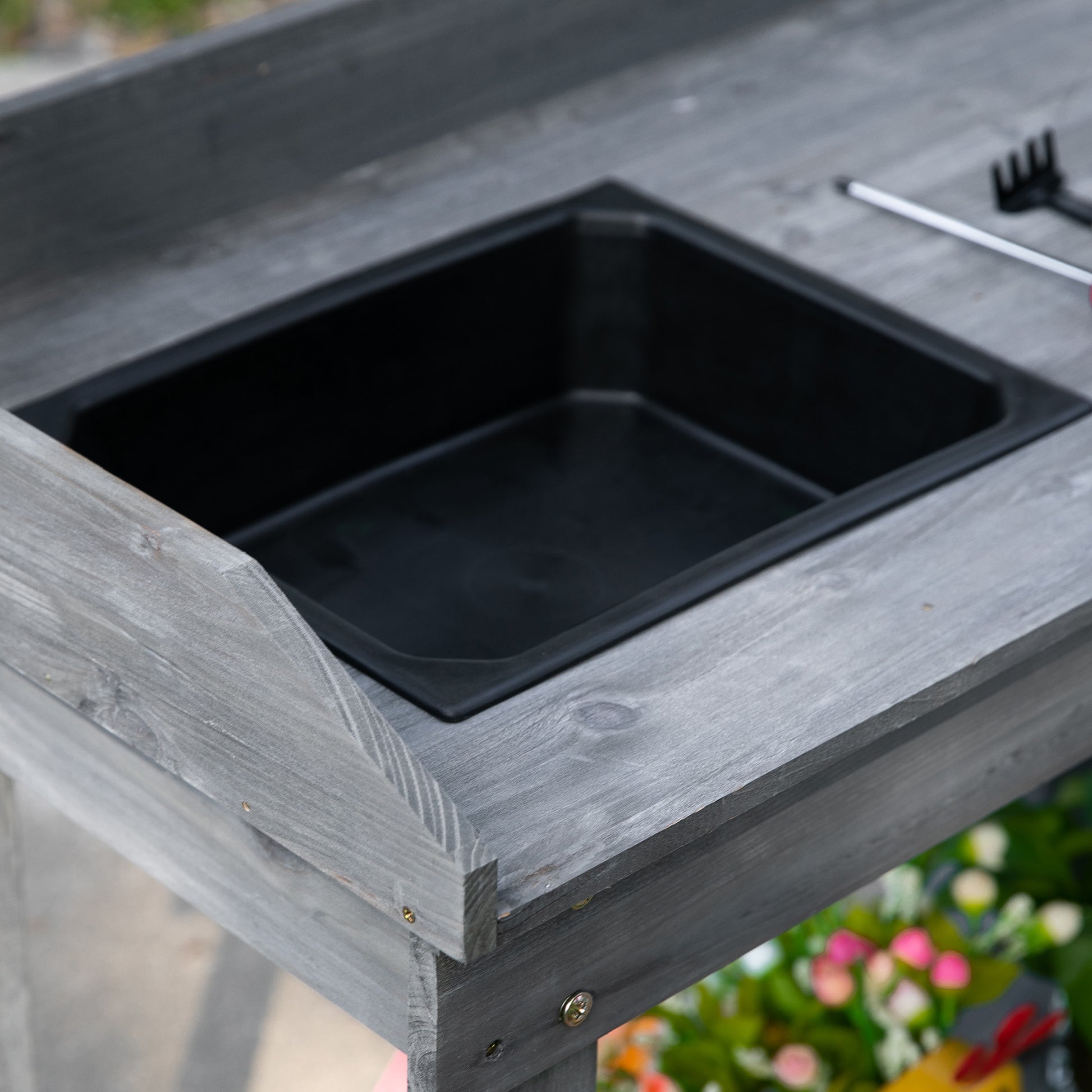 Outsunny 36'' Wooden Potting Bench Work Table with 2 Removable Wheels, Sink, Drawer & Large Storage Spaces, Gray image 9