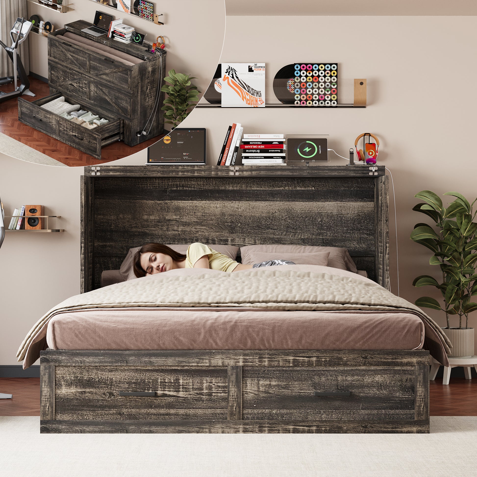 Queen Murphy Bed with Charging Station,Farmhouse Murphy Cabinet Bed with Large Storage Drawer,Hideaway Foldable Platform Bed for Guest Bedroom, Living Room, Office,Small Room,Pull out Bed,Rustic Grey image 1