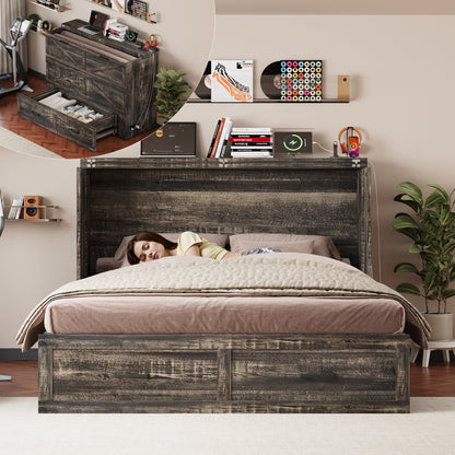 Queen Murphy Bed with Charging Station,Farmhouse Murphy Cabinet Bed with Large Storage Drawer,Hideaway Foldable Platform Bed for Guest Bedroom, Living Room, Office,Small Room,Pull out Bed,Rustic Grey image 1