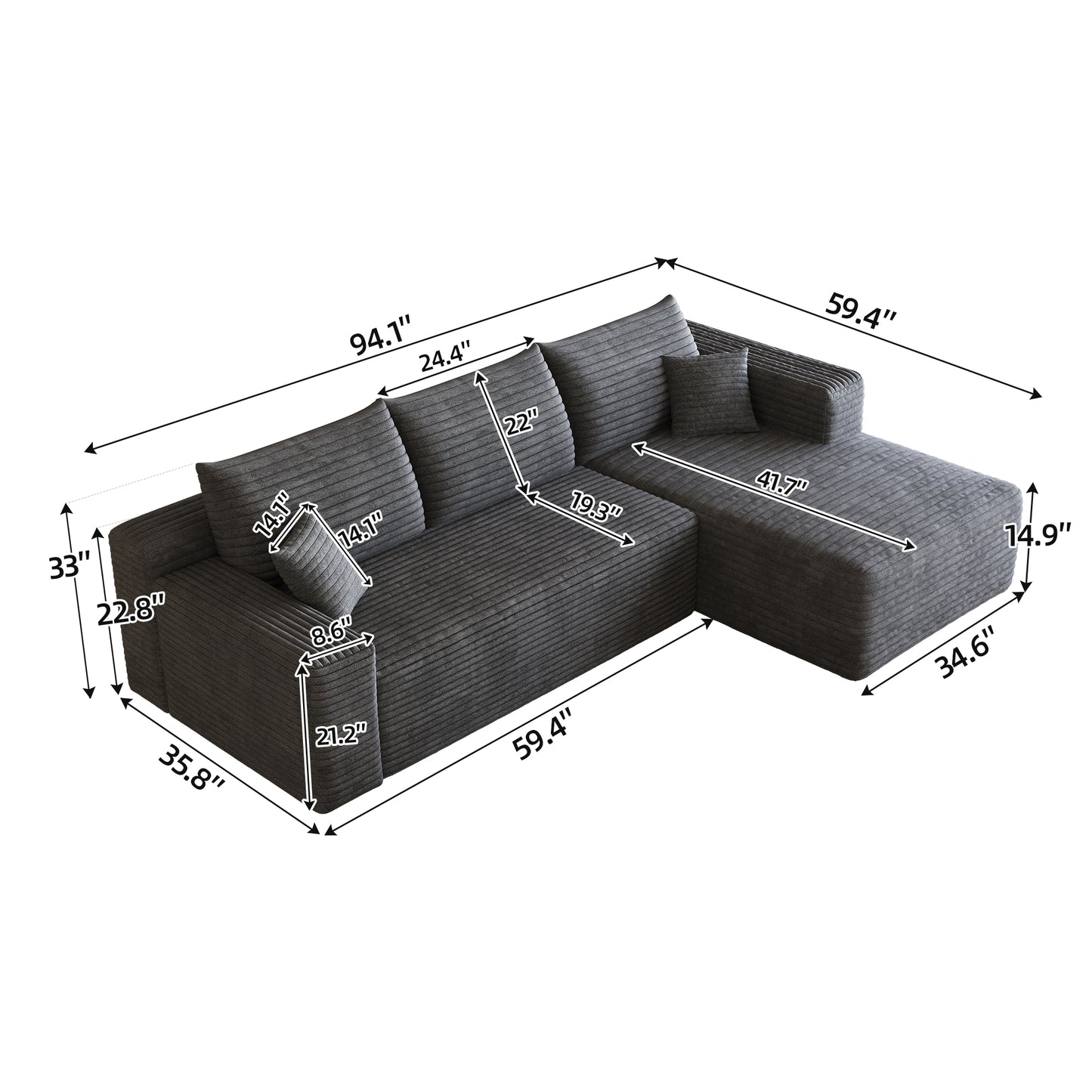 95" Cloud Sectional Sofa,Modern Minimalist Upholstered Couches, Comfort U Shaped Sofa for Living Room,Deep Seat Corner Couch,No Assembly Required,Dark Grey((Plush Corduroy Fabric) image 9