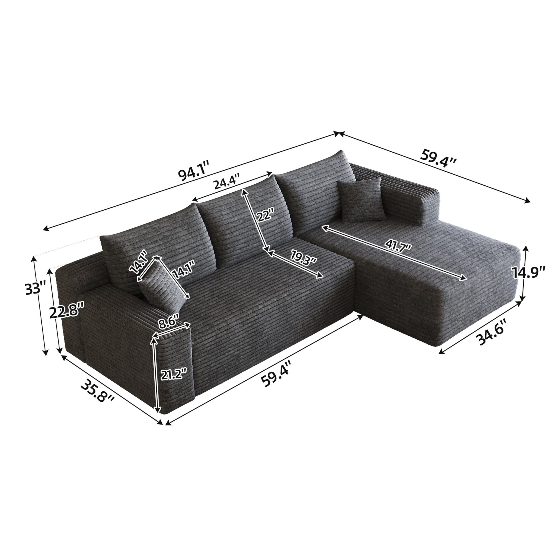 95" Cloud Sectional Sofa,Modern Minimalist Upholstered Couches, Comfort U Shaped Sofa for Living Room,Deep Seat Corner Couch,No Assembly Required,Dark Grey((Plush Corduroy Fabric) image 9