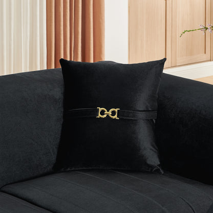 83.5"Modern Velvet 3-Seater Sofa with 2 Pillows, Upholstered Accent Couch with Gold Metal Trim, Tapered Gold-Tone Legs & Curved Armrests for Living Room, Bedroom & Apartment, Black image 5
