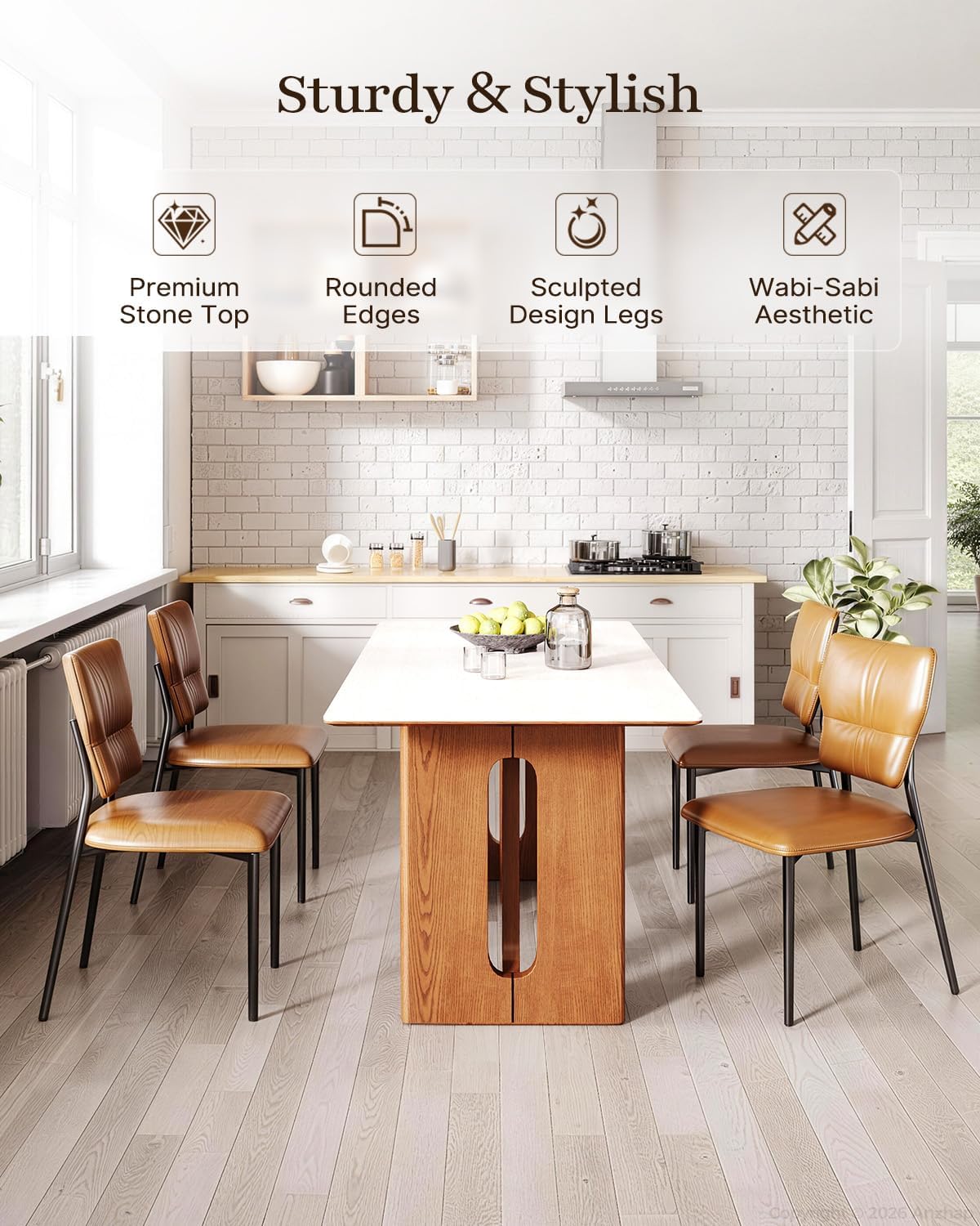 62.9-Inch Dining Table for 4–6 People, Rectangular Kitchen Table with Sintered Stone Top & Solid Wood Legs, Modern Dining Table for Kitchen, Dining Room & Living Room image 3