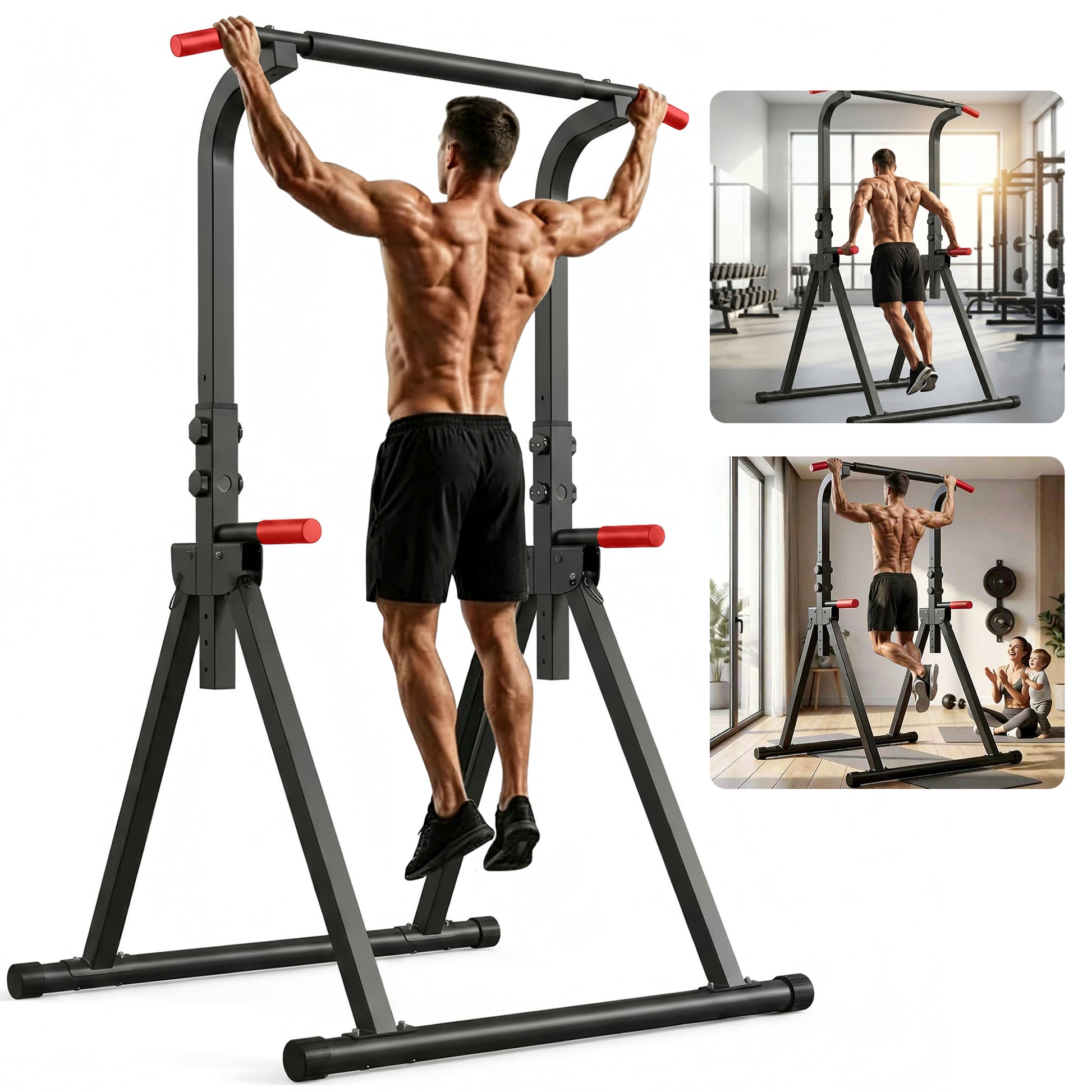 Foldable Pull Up Bar Standing Power Tower - Multi-Function Dip Station, 6-Level Adjustable Height Strength Training Fitness Equipment for Home Gym, 440lbs Max image 11