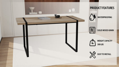 59" MDF light wood dining table and modern dining chair set of 4 pieces, medieval wooden kitchen dining table set, black rectangular metal base, dining table and suede chair set image 11