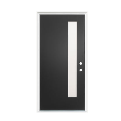 36"x80" Fiberglass Front Door with White 4-9/16" PVC Frame,Left-Hand Inswing Exterior Door with Brickmould,Contemporary minimalist smooth skin with frosted glass for Home Entrance, Black image 3