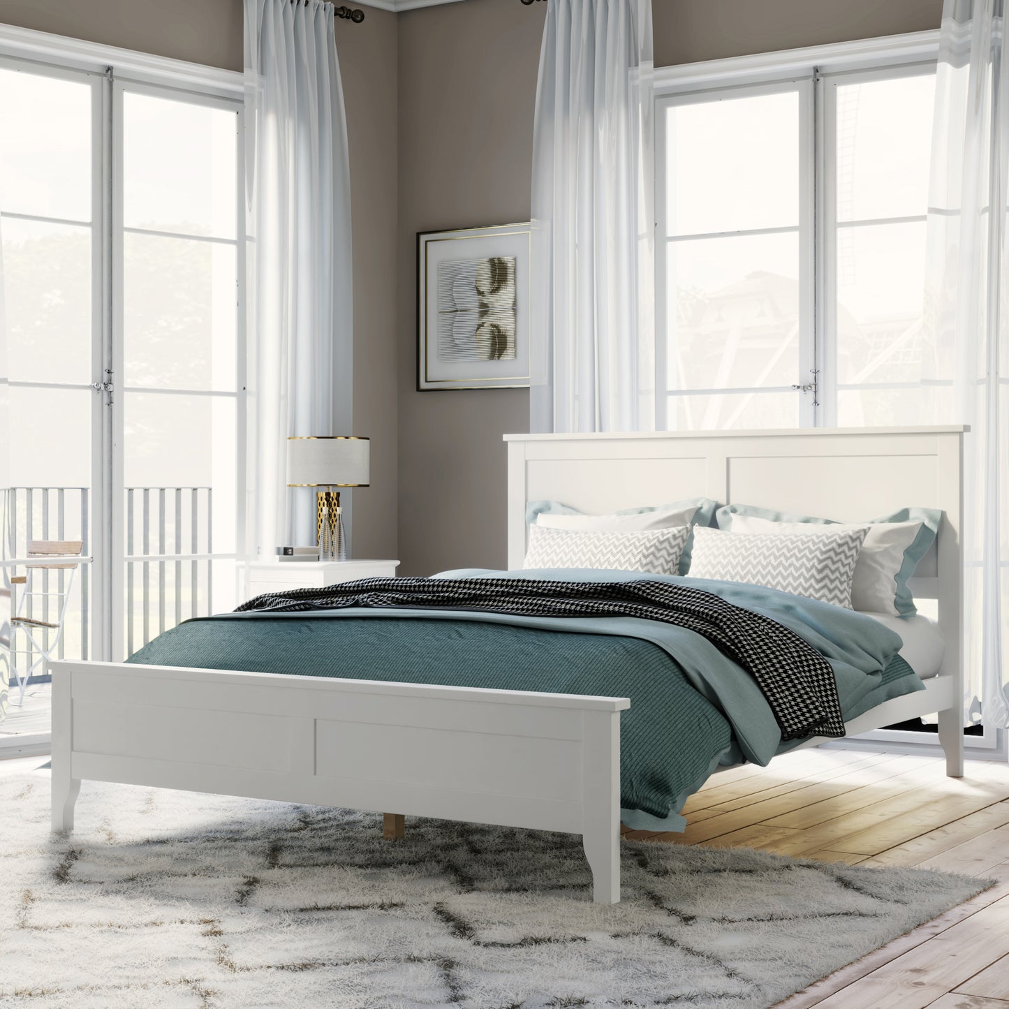 Modern Solid Wood King Size Platform Bed with Sturdy Wooden Slats Support,No Box Spring Needed, White(Old SKU:N701P300990K) image 2
