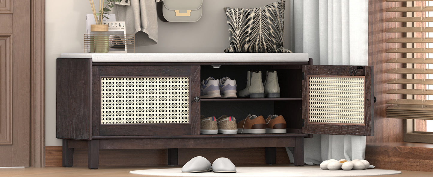 TREXM Boho Rattan Entryway Bench with Storage, Cushioned Shoe Bench with Double Doors, Wooden Shoe Organizer Bench for Entryway and Hallway (Espresso+Beige) image 4
