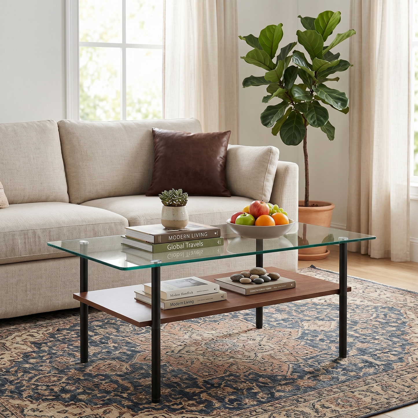 Modern glass coffee table for living room, rectangular tempered glass top, black metal legs with wooden shelf. Easy to clean, stylish center table 38.6 × 22.8 × 17.7 inches image 3