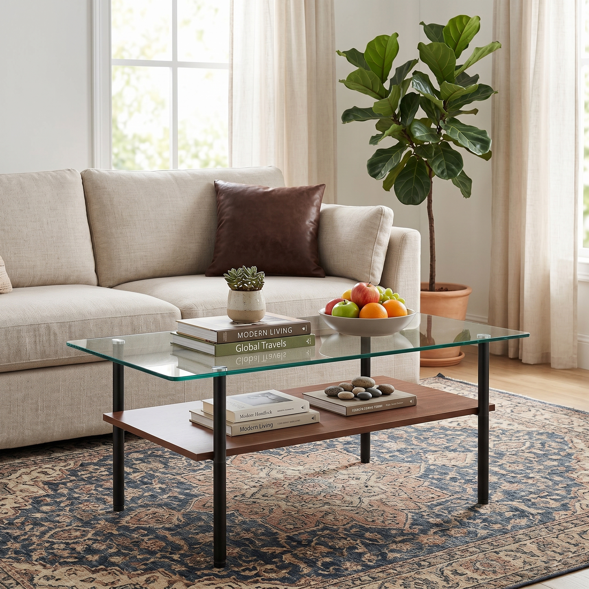 Modern glass coffee table for living room, rectangular tempered glass top, black metal legs with wooden shelf. Easy to clean, stylish center table 38.6 × 22.8 × 17.7 inches image 3