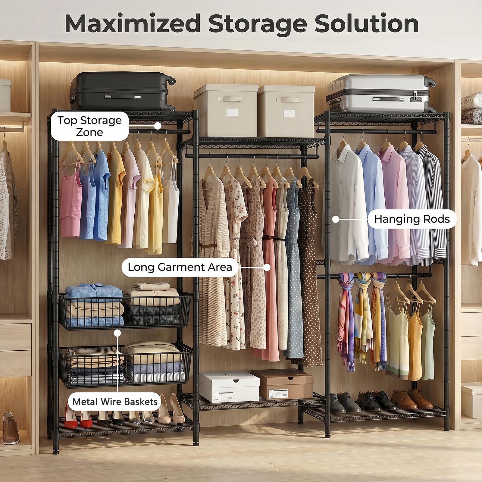 Heavy Duty Clothes Rack, Freestanding Garment Rack with 4 Hanging Rods & 2 Wire Baskets, Large Size Clothing Rack with Adjustable Wire Shelves, 68.5" W x 17.1" D x 76.4" H, Black image 7