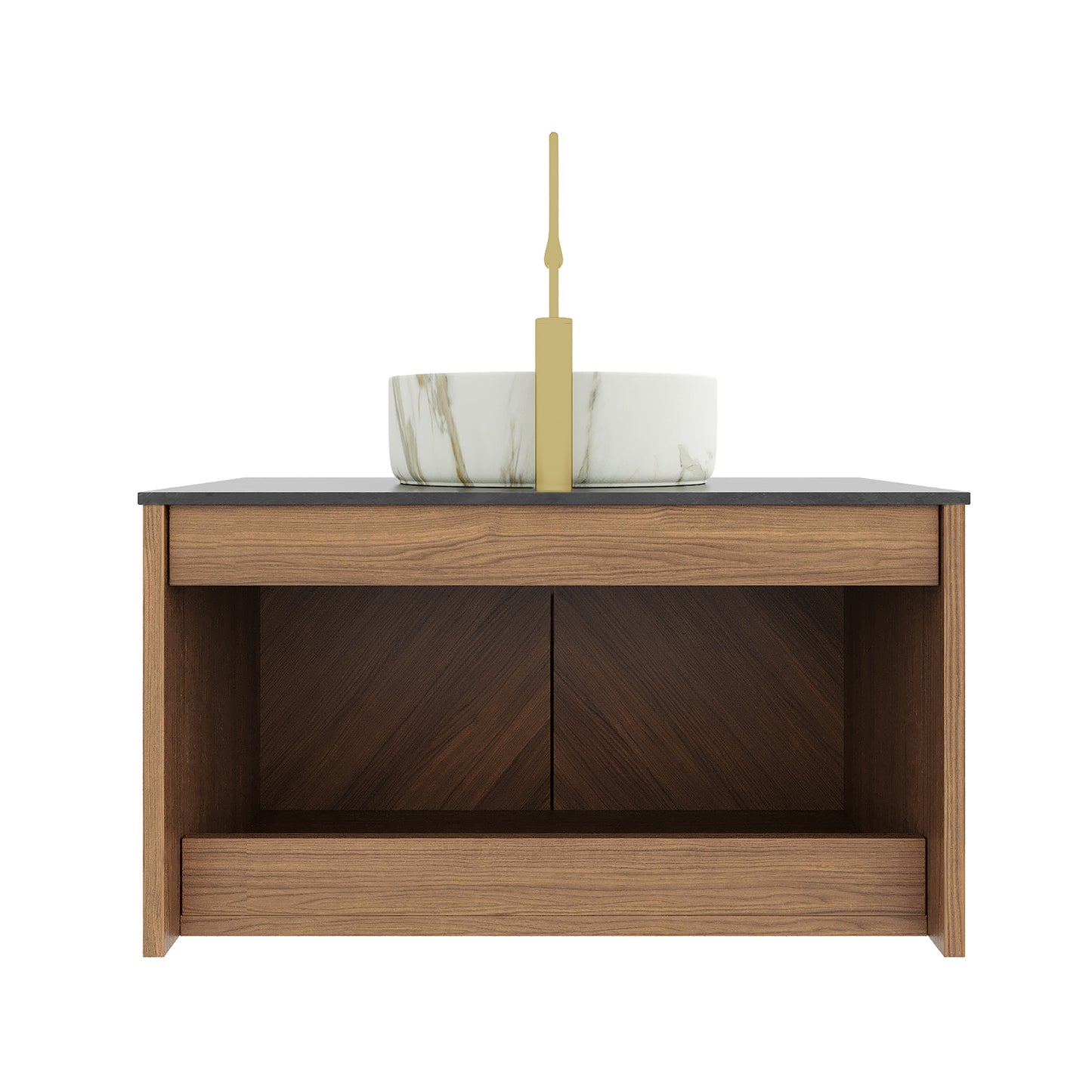 ARAI 30" Bathroom Vanity&Sink, Floating Plywood Bathroom Storage Cabinet with 2 Doors, Black Sintered Stone Countertop&White Round Ceramic Basin with Stone Pattern, Brown Oak Woodgrain Color (New SKU) image 4