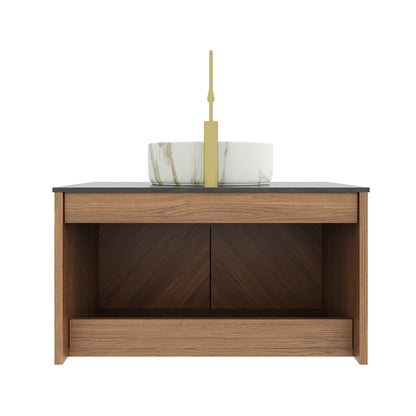 ARAI 30" Bathroom Vanity&Sink, Floating Plywood Bathroom Storage Cabinet with 2 Doors, Black Sintered Stone Countertop&White Round Ceramic Basin with Stone Pattern, Brown Oak Woodgrain Color (New SKU) image 4