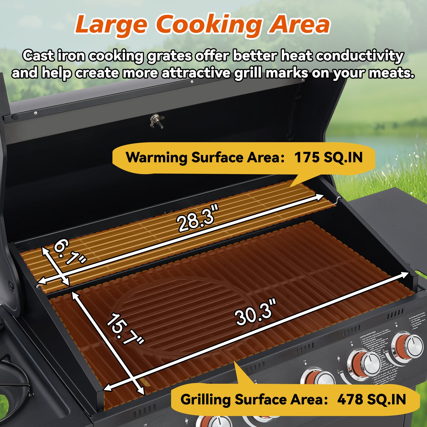 6 Burner BBQ Propane Gas Grill with Side Burner 72000 BTU Output Stainless Steel Barbecue Grill with Cast Iron Grates and Side Tables for Outdoor Cooking Kitchen and Patio Backyard. image 4