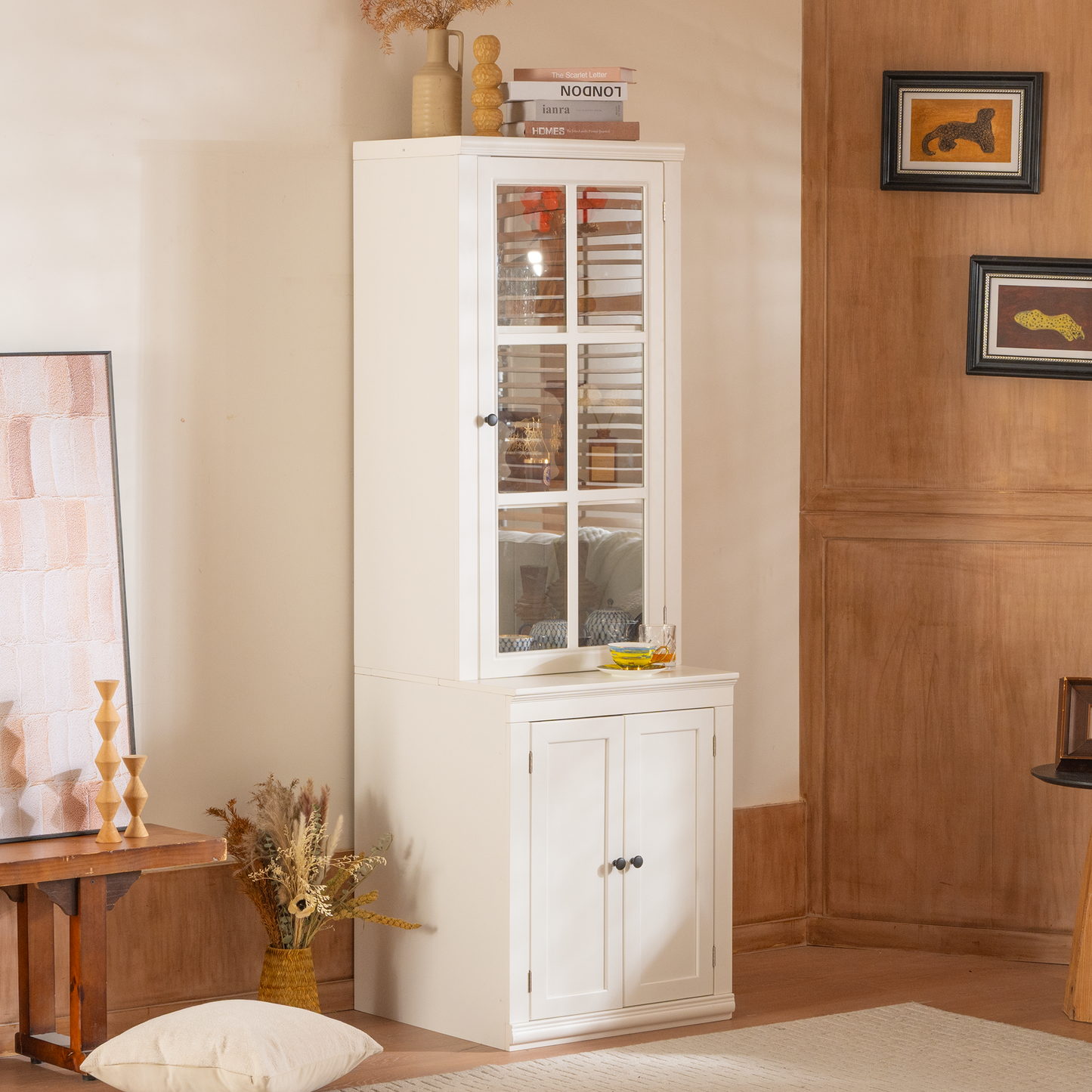 75.25'' Tall Freestanding Pantry Cabinet with Glass Door & Lattice Window, Farmhouse Display Cabinets with Storage, Hutch with Double-Action LH&RH Door, for Hallways, Livingroom Kitchen & Office,White image 5