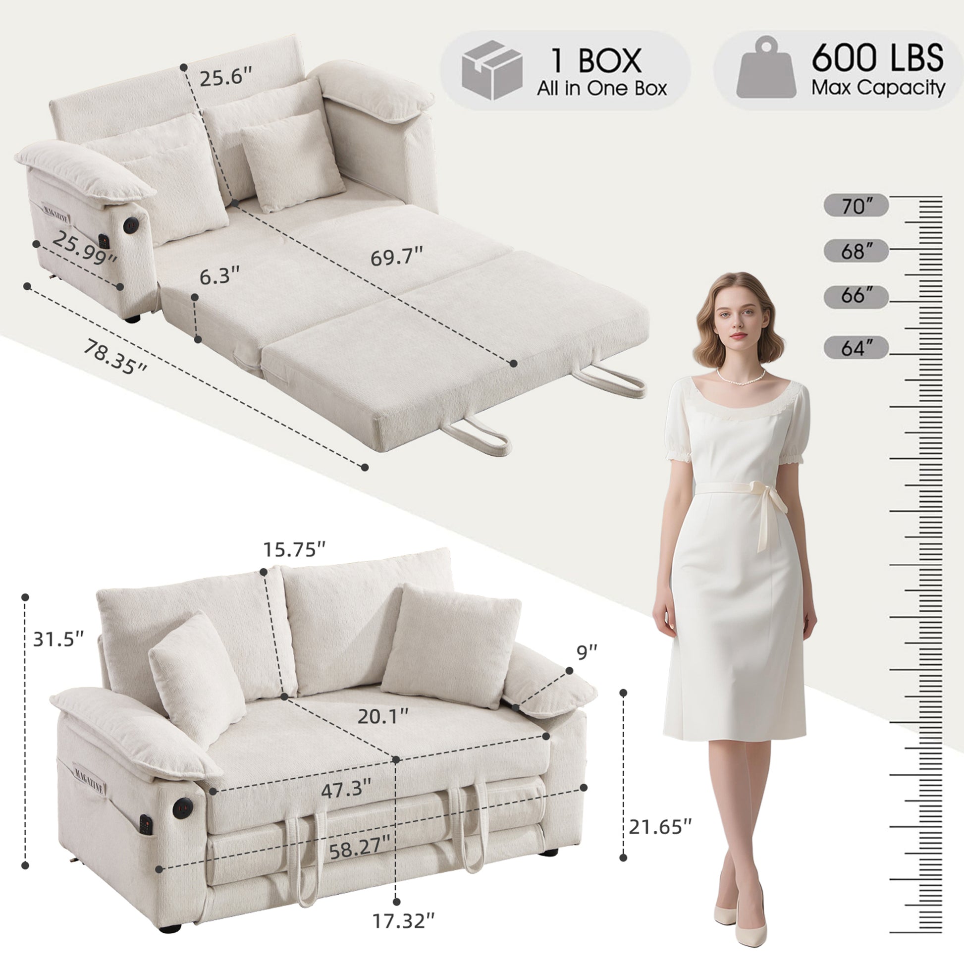 58 inch 3-in-1 Upholstered Futon Sofa Convertible Floor Sofa bed,Foldable Tufted Loveseat with Pull Out Sleeper Couch Bed,Folding Mattres Love Seat Daybed W/Side Pockets for Living Room White image 10