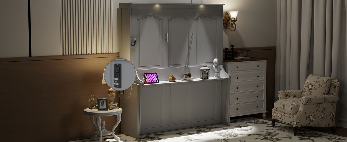 Queen Size Murphy Bed with Desk,LED Lights and USB Charging Station,Gray image 9