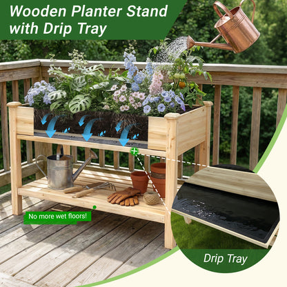 Raised Garden Bed 48x23x31.1-inch Elevated Wood Planter with Water Collection Tray, Storage Shelf, Protective Liner image 10