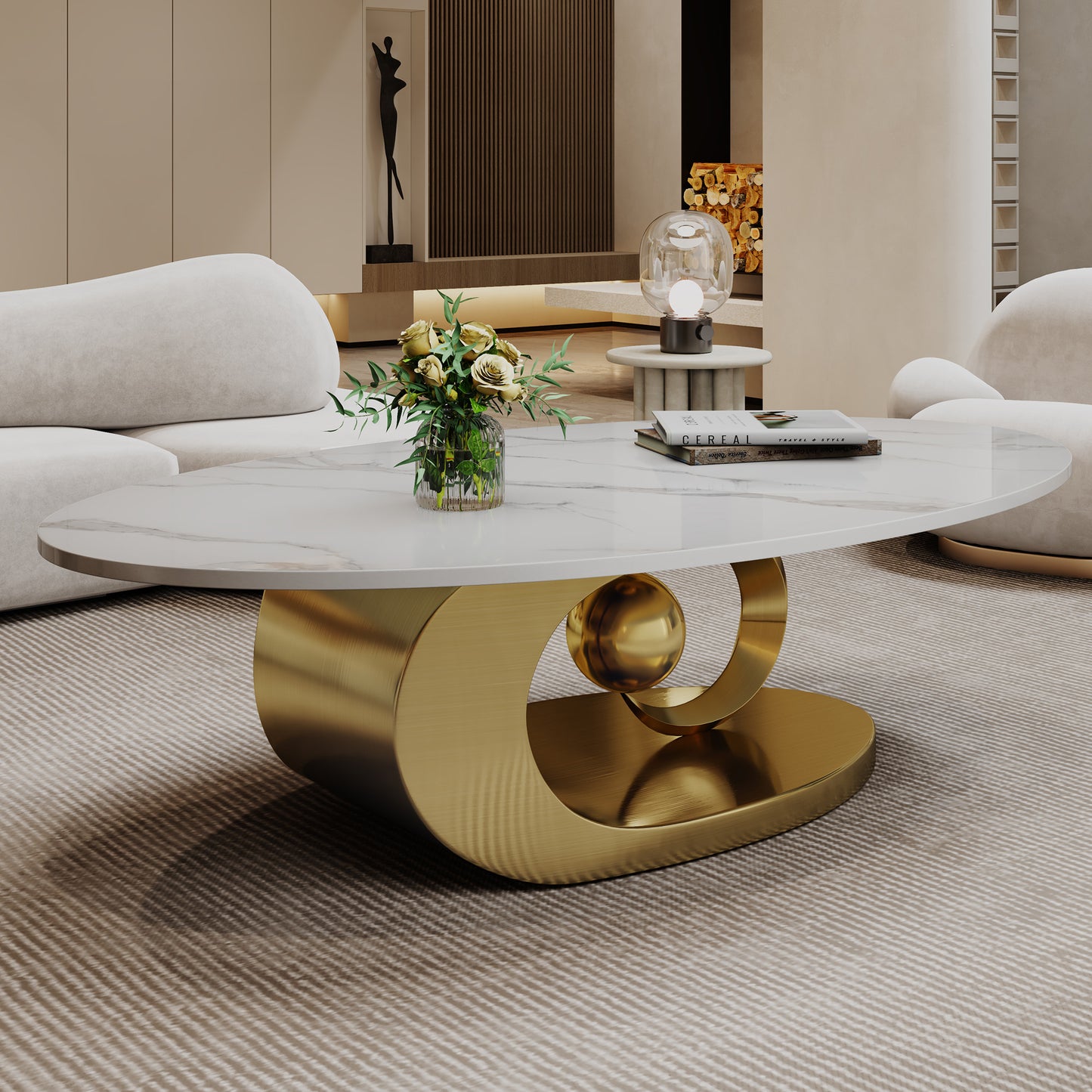 Modern Faux Marble Coffee Table, Sintered Stone Contemporary Tables with Stainless Steel Base image 1