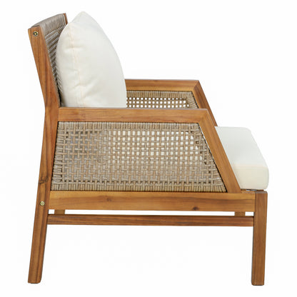 Acacia Wood Patio Furniture Club Chair, Outdoor Wicker Armchair, Deep Seating with Soft Cushions for Porch, Garden, Backyard, Balcony, Teak & Mix Brown & Cream image 5