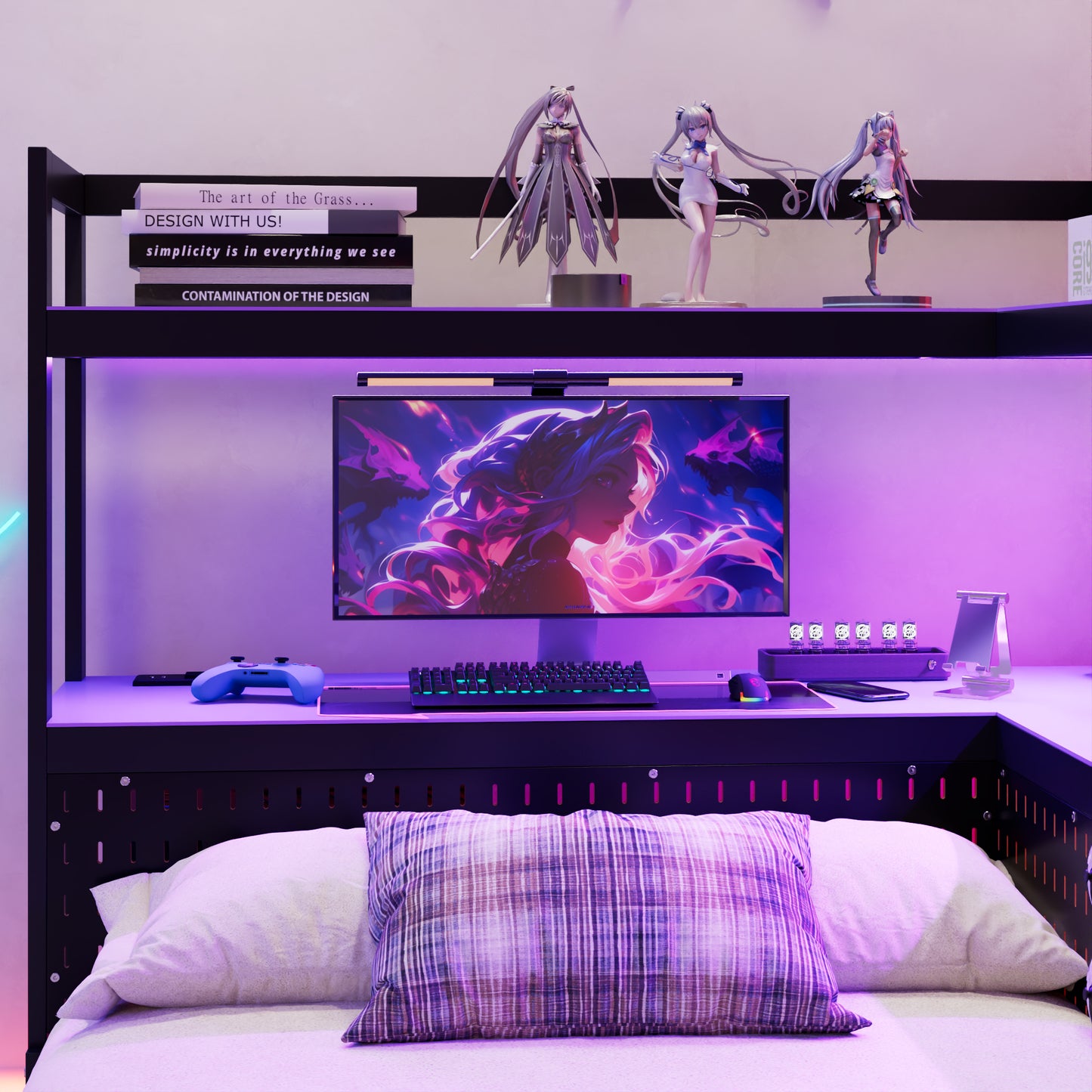 Twin Size Gaming Daybed with Integrated Desk and LED Light, Modern Wooden Bed Frame with 3 Storage Drawers and Built-in Charging Station, Multi-Functional Headboard Bookcase, Black+Purple image 5