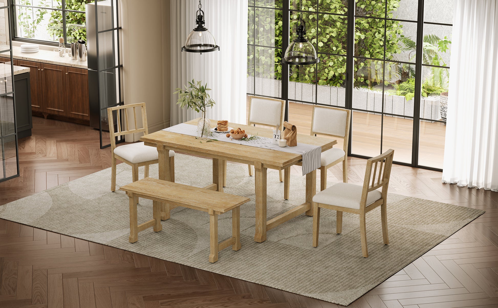 TREXM 6-Piece Farmhouse Dining Set for 6, Kitchen & Dining Room Sets with Solid Wood Legs and Frame, Ergonomic Dual-Style Chairs, Ideal for Kitchen & Dining Room (Natural Wood Wash+ Beige) image 2
