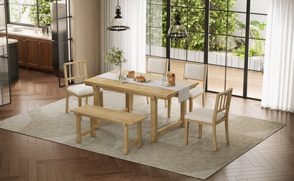 TREXM 6-Piece Farmhouse Dining Set for 6, Kitchen & Dining Room Sets with Solid Wood Legs and Frame, Ergonomic Dual-Style Chairs, Ideal for Kitchen & Dining Room (Natural Wood Wash+ Beige) image 2