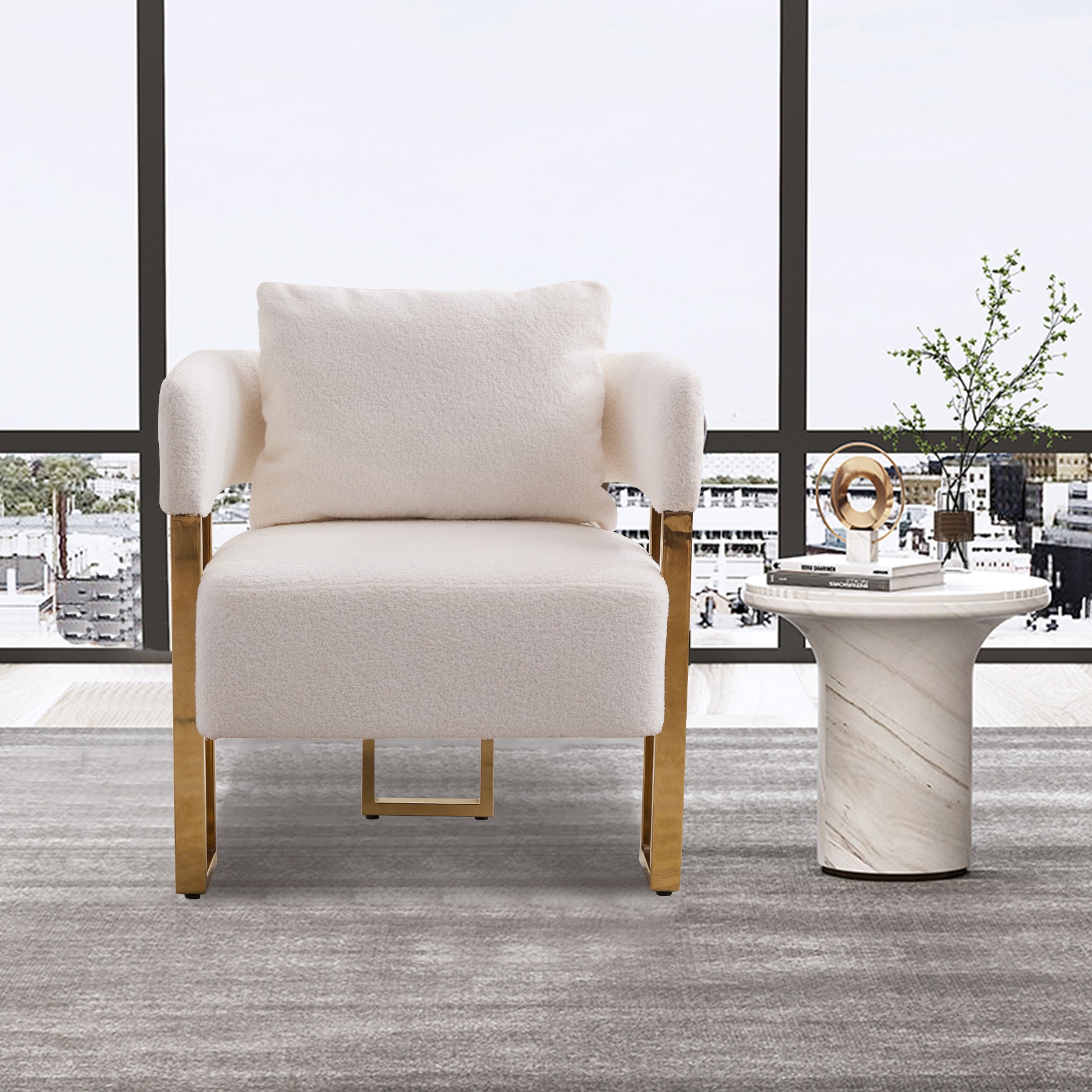 TS Modern decorative chair, living room side chair with gold metal legs, no wheels, suitable for dressing area, reception room, office,Teddy fleece upholstered metal foot sofas 2PCS White image 4