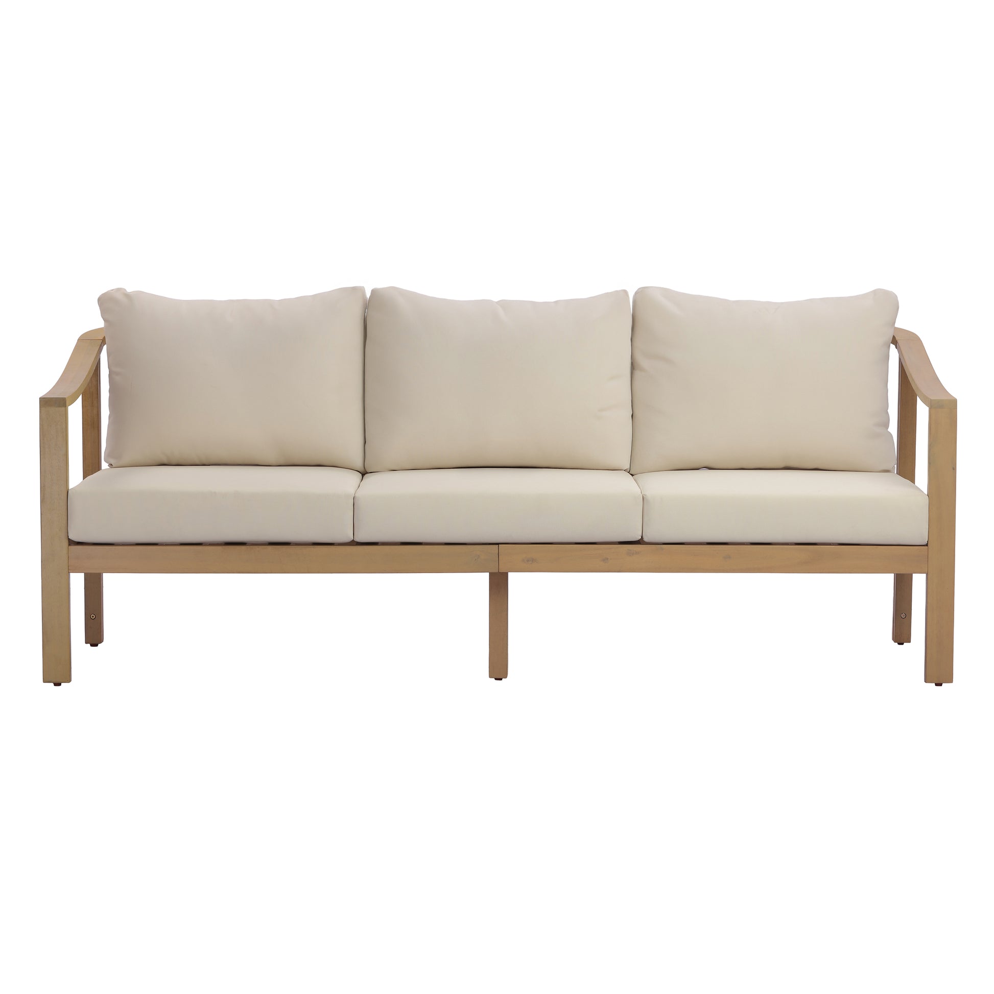 77.95" outdoor acacia wood frame, 26.38" deep seat design with soft cushion, three-seater sofa,slatted wood backrest,suitable for porches,gardens,backyards,and balconie (Light Teak+Beige Cushion) image 3
