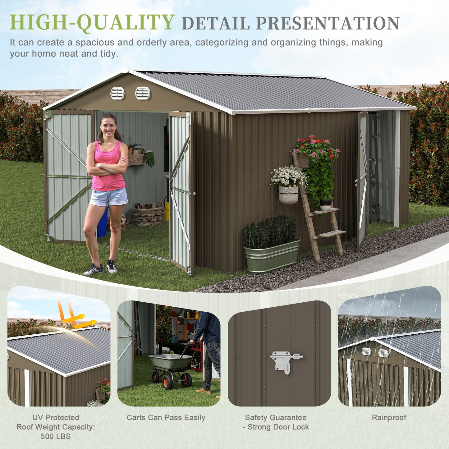 10x12 FT Outdoor Metal Storage Shed, Large Storage Sheds with Sturdy Frame Structure, Metal Garden Tool Shed with Lockable Door for Garden,Gift a foldable flower pot stand, Backyard,BROWN image 3