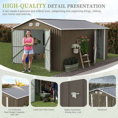 10x12 FT Outdoor Metal Storage Shed, Large Storage Sheds with Sturdy Frame Structure, Metal Garden Tool Shed with Lockable Door for Garden,Gift a foldable flower pot stand, Backyard,BROWN image 3