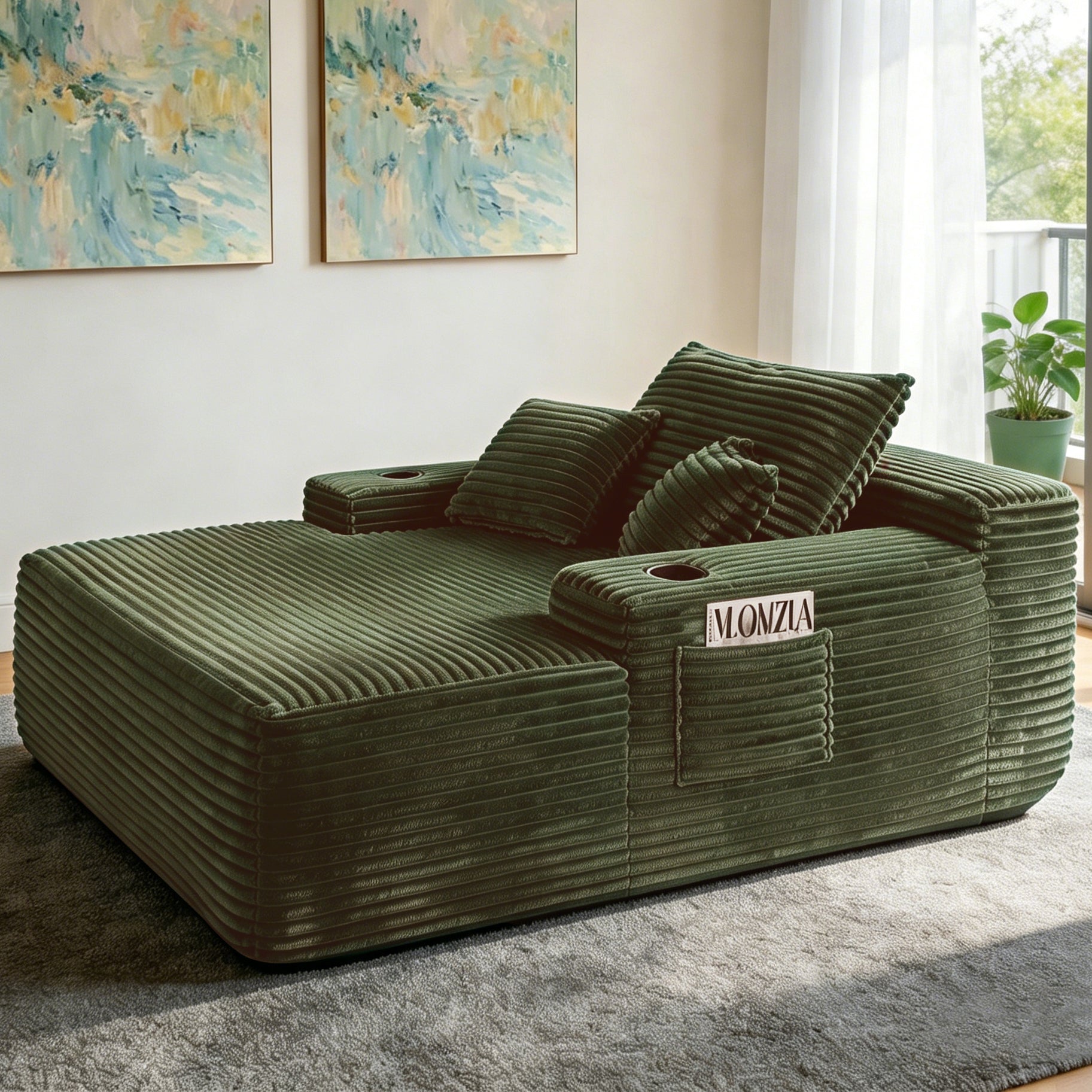 NEW Convertible Chaise Lounge Chair Plush with Wide Armrest & Throw Pillows, Cozy Boneless Sleeper Sofa Bed Armchair, with cup holder,for Living Room, Bedroom, No Assembly Required,Plush,Green image 1