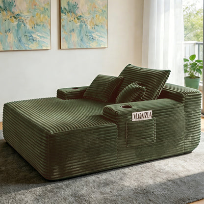 NEW Convertible Chaise Lounge Chair Plush with Wide Armrest & Throw Pillows, Cozy Boneless Sleeper Sofa Bed Armchair, with cup holder,for Living Room, Bedroom, No Assembly Required,Plush,Green image 1
