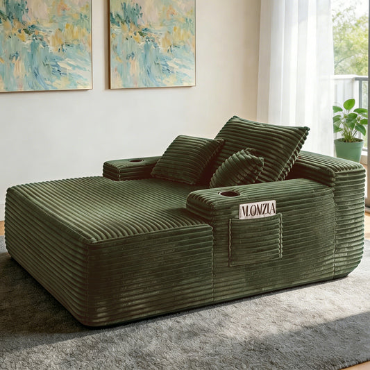 NEW Convertible Chaise Lounge Chair Plush with Wide Armrest & Throw Pillows, Cozy Boneless Sleeper Sofa Bed Armchair, with cup holder,for Living Room, Bedroom, No Assembly Required,Plush,Green image 1