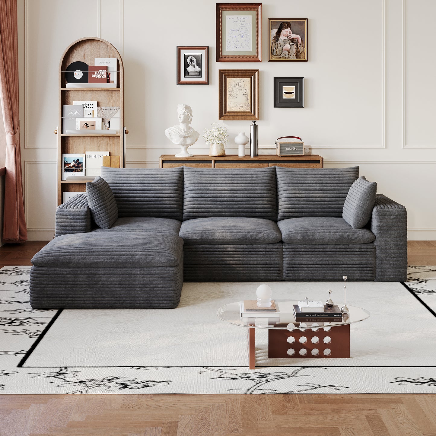 102" Cloud Sofa,Corduroy Fabric,Deep Seat Couches,Double-layer design,Removable Cushion,No Assembly, DIY Combination for Living room, Bedroom,Conference room,Apartment,Dark Grey image 3